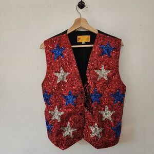 VTG JC 001 USA Adult Medium Flag Stars Heavily Sequin Vest Patriotic 4th of July